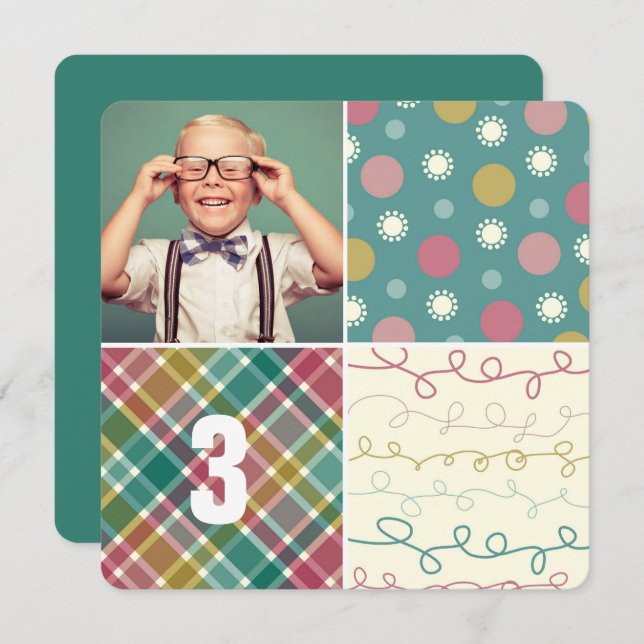 Green Patchwork Pattern Squares Boy Foto Geburtsta Einladung (Vorne/Hinten)
