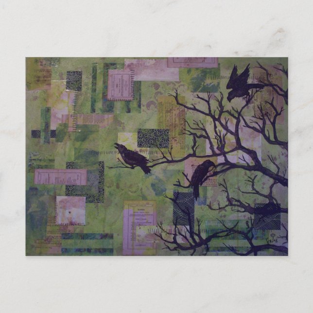 Green Patchwork Ravens Mixed-Media-Postkarte Postkarte (Vorderseite)