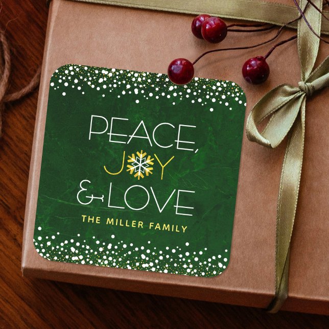 Green Peace Joy Liebe Snowflake Typografy Holiday Quadratischer Aufkleber (Von Creator hochgeladen)