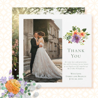 Green Peach Lila Floral Foto Hochzeit Vielen Dank Einladung