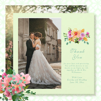 Green Peach Pink Floral Foto Script Vielen Dank Einladung