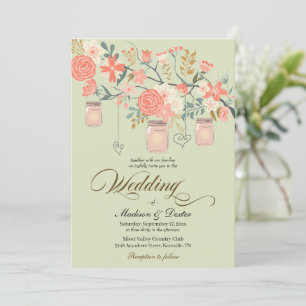 Green Peach Rustic Mason Jar Wedding Einladung