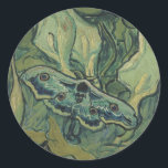 Green Peacock (Kaiser) Moth von Vincent van Gogh Runder Aufkleber<br><div class="desc">Die Große Pfauenmotte oder Kaisermotte von Vincent van Gogh ist ein Vintages Naturgemälde aus Post-Impressionismus. Ein riesiger Kaisermoth fliegt zwischen den Blume und Pflanze in einem Garten im Hinterhof. Van Gogh benutzte Schmetterlinge in seinen Werken als Symbol der Hoffnung. Die Todeskopfmotte ist nächtlich und selten zu sehen. Hinter der Motte...</div>