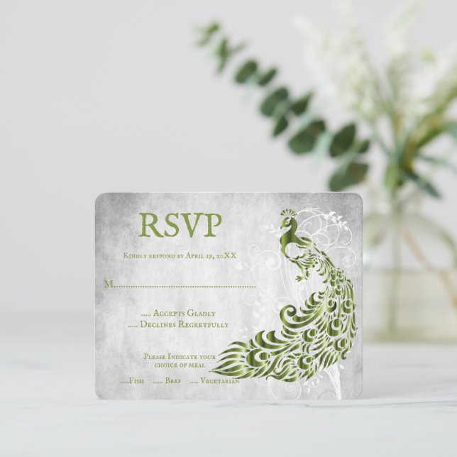 Green Peacock Leaf Vine Wedding RSVP Card (Stehend Vorderseite)