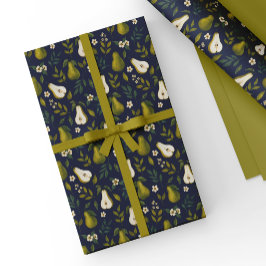 Green Pear Watercolor Pattern on Dark Blue  Geschenkpapier