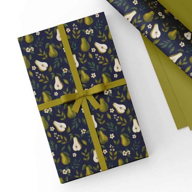 Green Pear Watercolor Pattern on Dark Blue  Geschenkpapier (Von Creator hochgeladen)