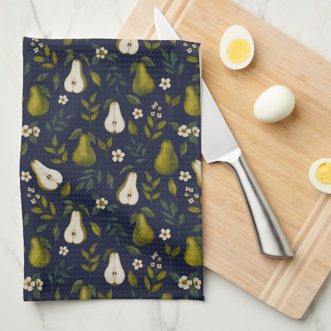 Green Pear Watercolor Pattern on Dark Blue  Geschirrtuch (Viertel Falte)
