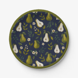 Green Pear Watercolor Pattern on Dark Blue  Pappteller