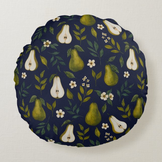 Green Pear Watercolor Pattern on Dark Blue  Rundes Kissen (Vorderseite)