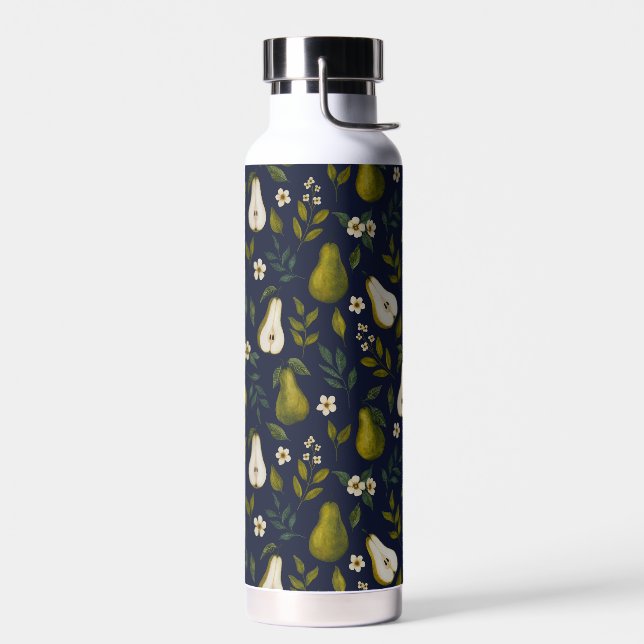Green Pear Watercolor Pattern on Dark Blue  Trinkflasche (Links)