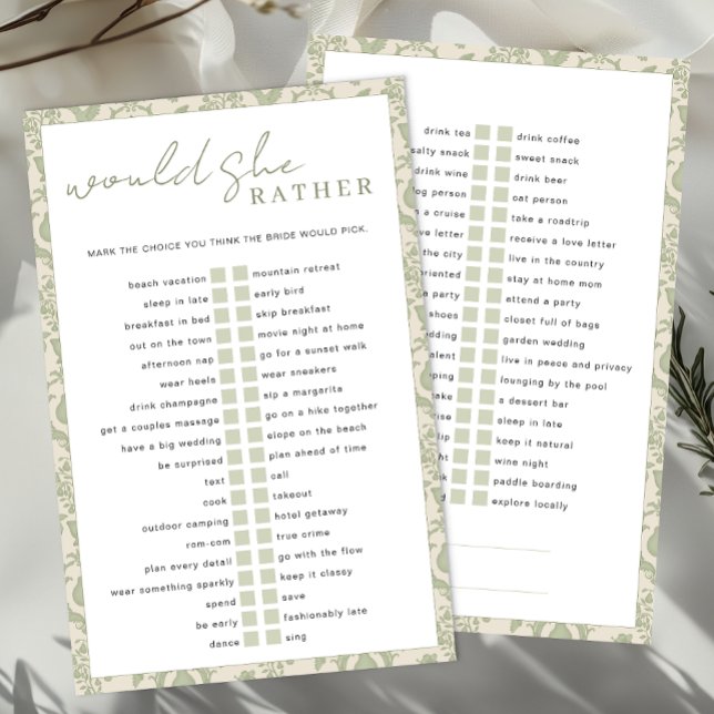 Green Perfect Pear Brautparty würde sie eher (Would She Rather Bridal Shower Game)