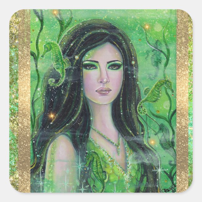 Green Peridot mermaid von Renee Lavoie Quadratischer Aufkleber (Vorderseite)