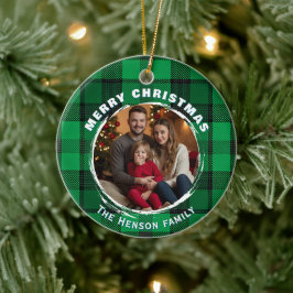 Green Personalized Family Photo Plaid Pattern Keramik Ornament