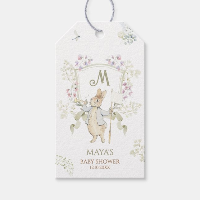 Green Peter the Rabbit Monogram Gender Baby Dusche Geschenkanhänger (Vorderseite)