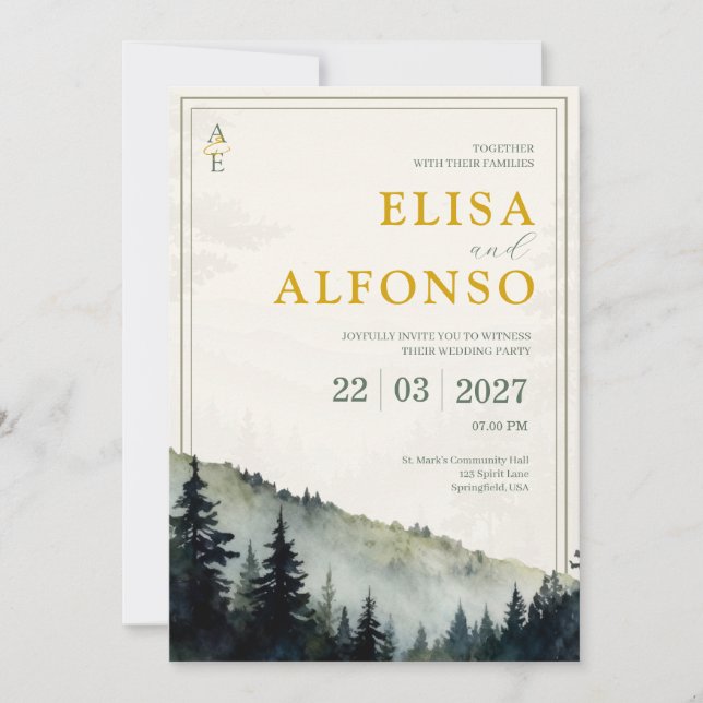 Green Pine Classic Watercolor Monogram Wedding  Einladung (Vorderseite)