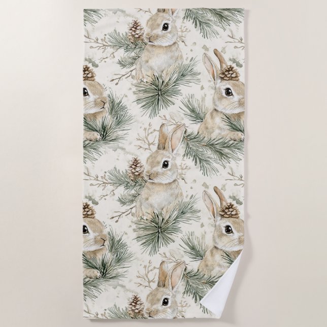 Green Pine Cones Bunny Rabbits Christmas Strandtuch (Vorderseite)