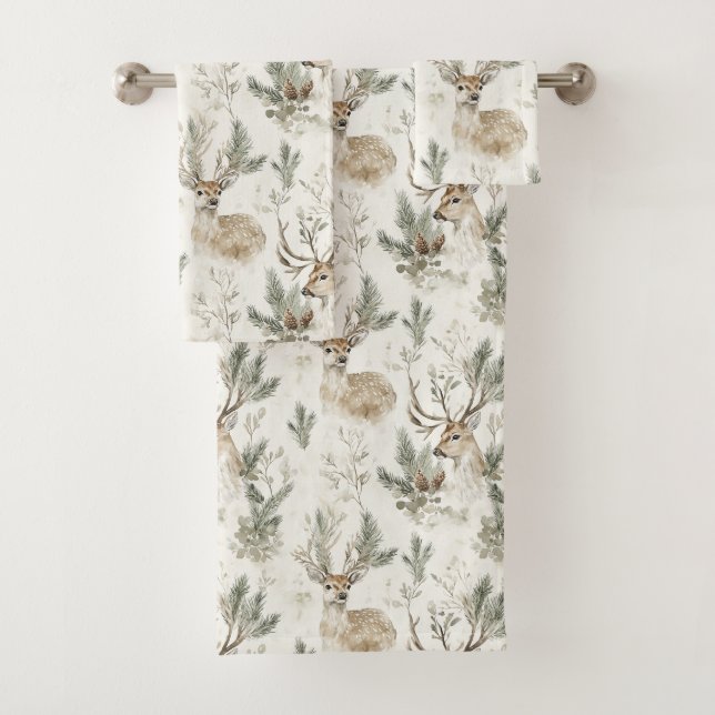 Green Pine Cones Deer Christmas Badhandtuch Set (Insitu)
