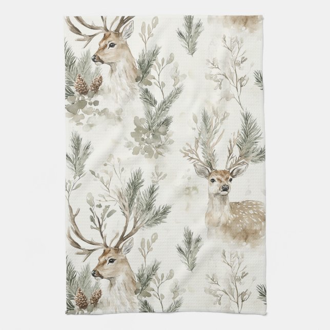 Green Pine Cones Deer Christmas Geschirrtuch (Vertikal)