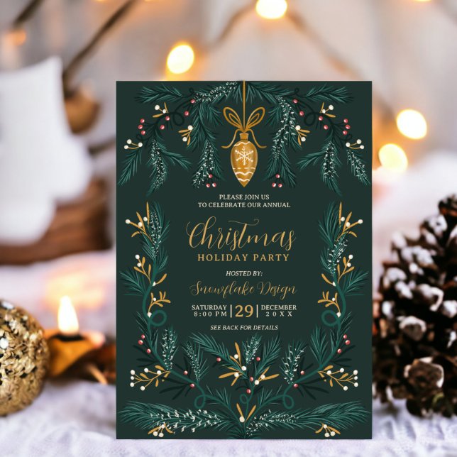 Green pine illustration gold corporate Christmas Einladung (Green pine illustration gold corporate Christmas Invitation)