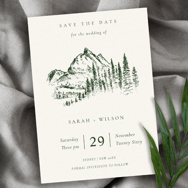 Green Pine Mountain Sketch Save the Date Karte (Von Creator hochgeladen)