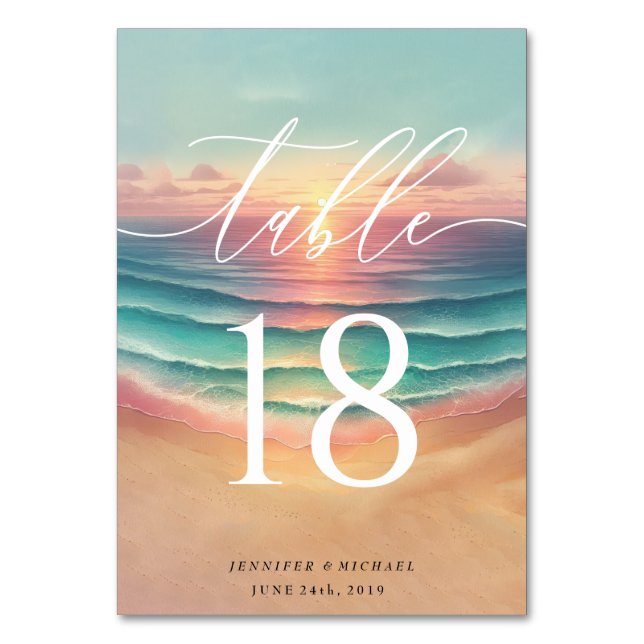 Green Pink Beach Summer Sun Sand Wasserfarbe Tischnummer (Vorderseite)