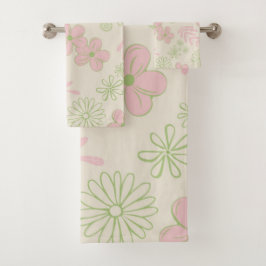 Green Pink Beige Retro Y2K 70er Blume Muster Badhandtuch Set