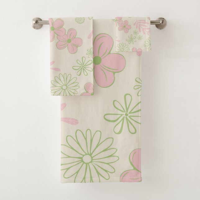 Green Pink Beige Retro Y2K 70er Blume Muster Badhandtuch Set (Insitu)