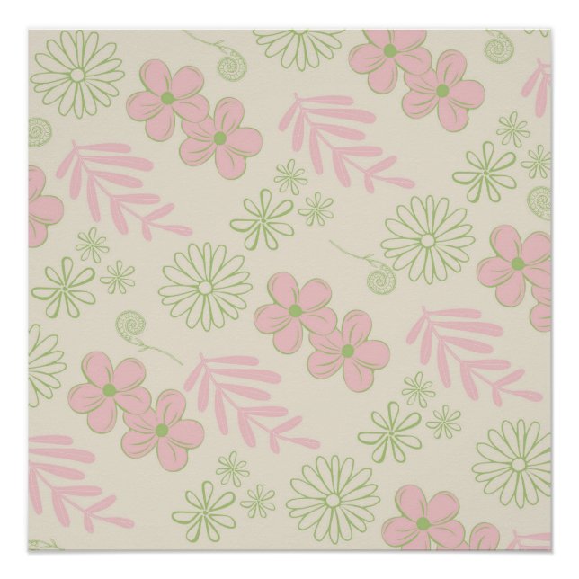 Green Pink Beige Retro Y2K 70er Blume Muster Poster (Vorderseite)