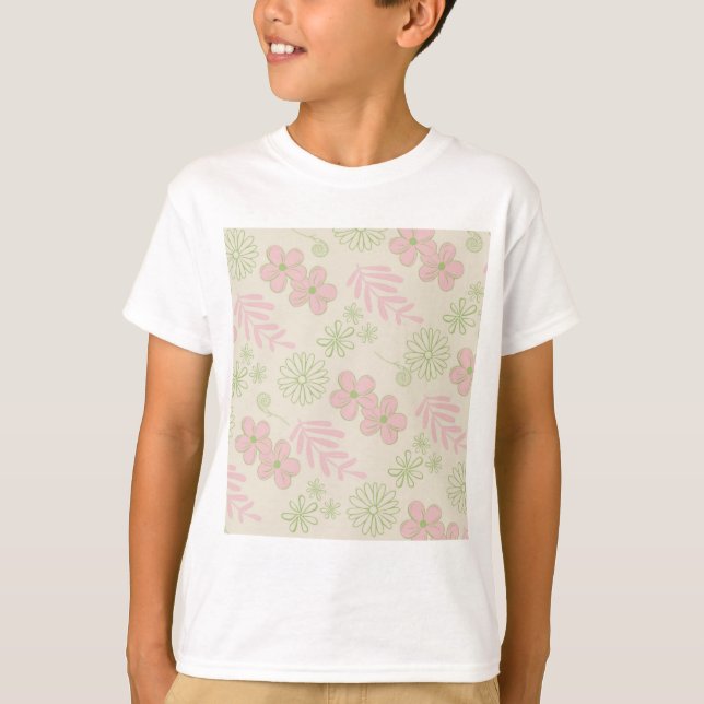 Green Pink Beige Retro Y2K 70er Blume Muster T-Shirt (Vorderseite)