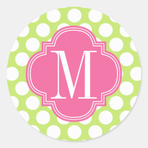 Green & Pink Big Polka Dots Mit Monogramm Runder Aufkleber