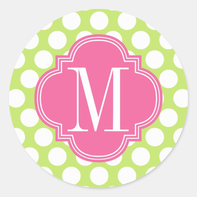 Green & Pink Big Polka Dots Mit Monogramm Runder Aufkleber (Vorderseite)