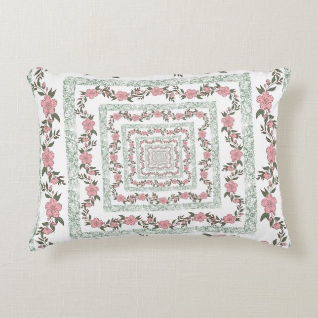 Green Pink Border Retro Y2K 70er Blume Muster Dekokissen (Vorderseite)