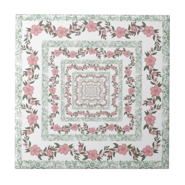 Green Pink Border Retro Y2K 70er Blume Muster Fliese (Vorderseite)