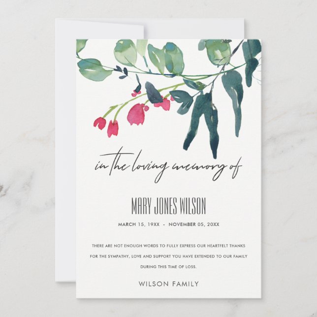 GREEN PINK EUCALYPTUS FOLIAGE BEILEID MEMORIAL DANKESKARTE (Vorderseite)