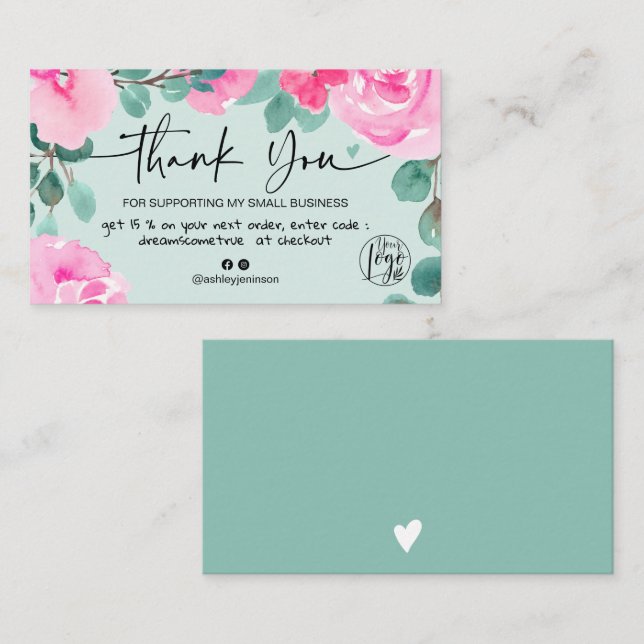 Green Pink floral Aquarell Danke Visitenkarte (Vorne/Hinten)