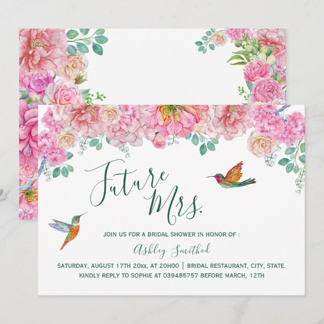 Green & Pink Floral Watercolor Frau Brautparty Einladung (Vorne/Hinten)