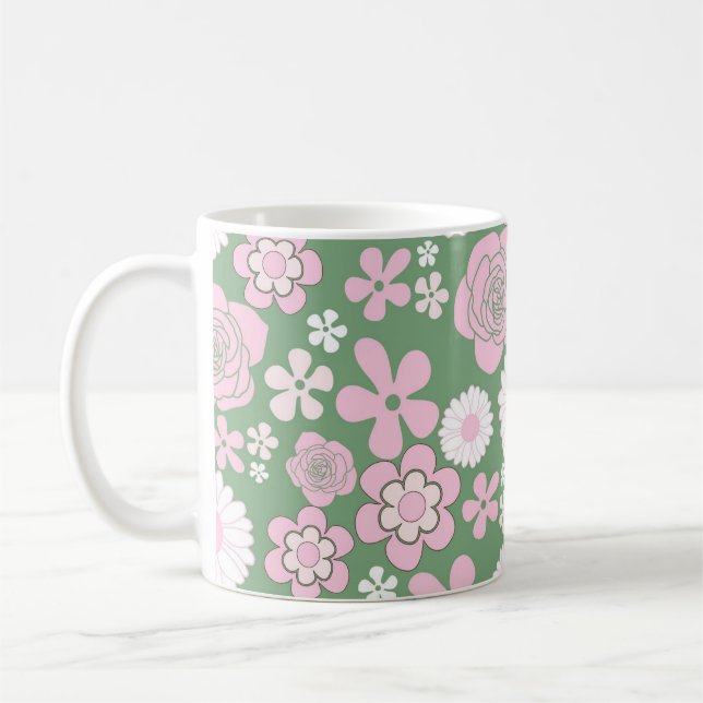 Green Pink Floral Whimsical Y2K Frühjahr & Sommer Kaffeetasse (Links)