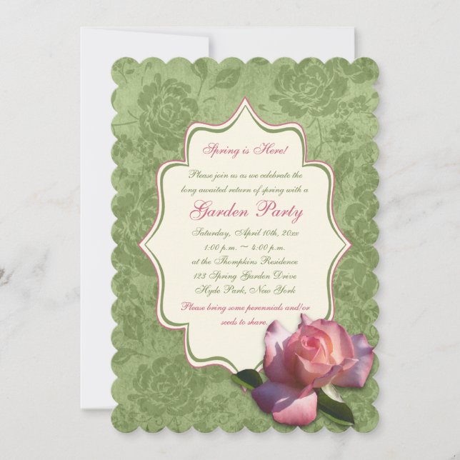 Green Pink Ivory Rose Damask Garden Party Einladun Einladung (Vorderseite)