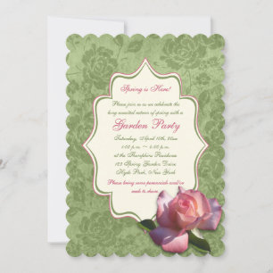 Green Pink Ivory Rose Damask Garden Party Einladun Einladung