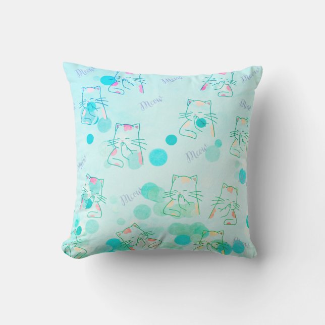 Green & Pink Kitty Throw Kissen (Vorderseite)