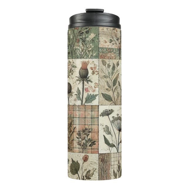 Green Pink Patchwork Quilt Rustic Retro Boho Thermosbecher (Vorderseite)