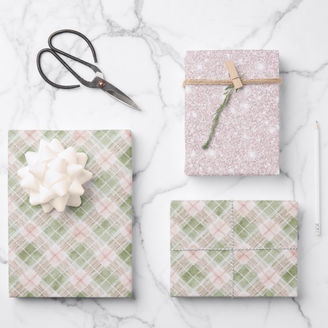 Green Pink Plaid Stripes Birthday Geschenkpapier Set (Vorderseite)