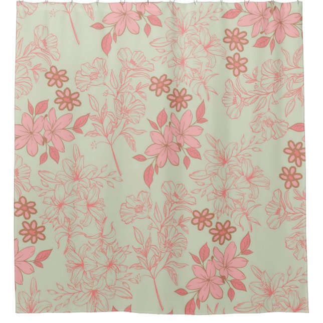 Green Pink Retro Y2K 70er Blume Muster Duschvorhang (Vorderseite)