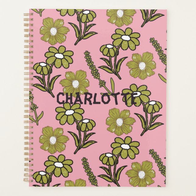 Green Pink Retro Y2K Funky Hippie Blume Muster Planer (Vorderseite)