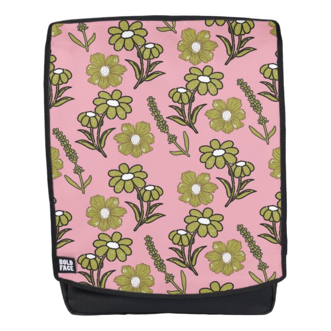 Green Pink Retro Y2K Funky Hippie Blume Muster Rucksack (Vorderseite)