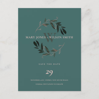 GREEN PINK ROSE GOLD FOLIAGE WREATH SAVE THE DATE ANKÜNDIGUNGSPOSTKARTE