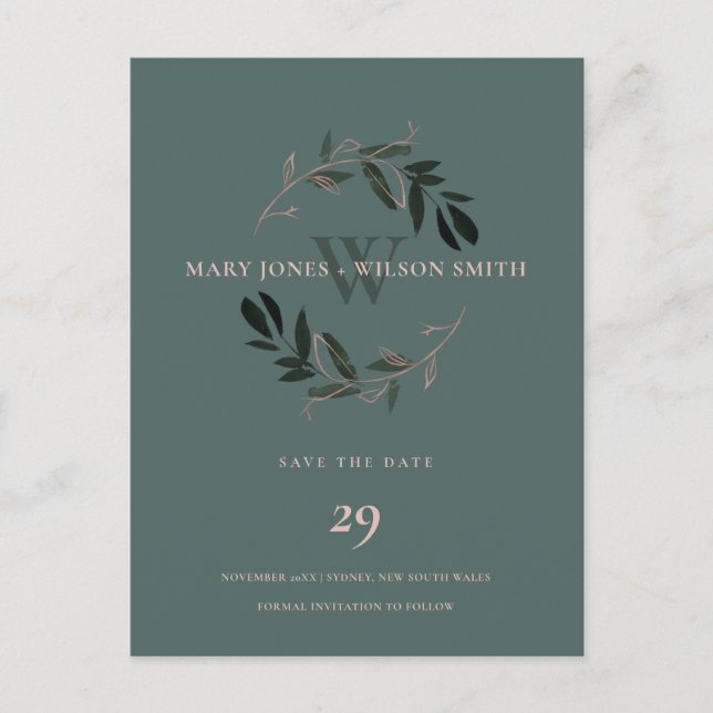 GREEN PINK ROSE GOLD FOLIAGE WREATH SAVE THE DATE ANKÜNDIGUNGSPOSTKARTE (Vorderseite)