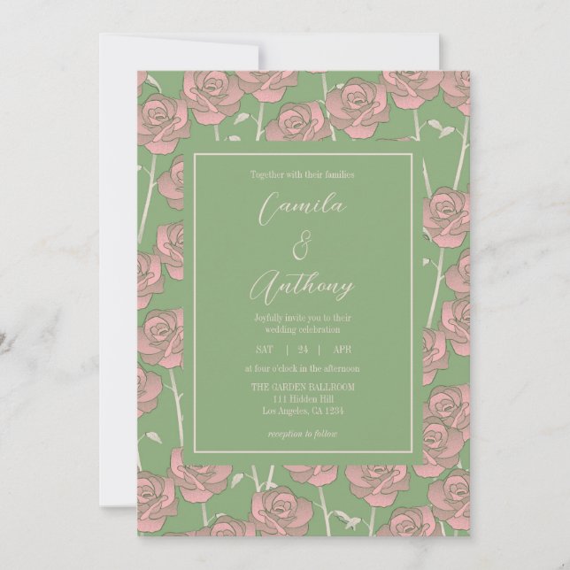 Green Pink Rose Retro Y2K 70er Blume Muster Einladung (Vorderseite)