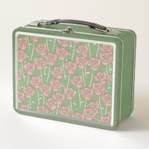 Green Pink Rose Retro Y2K 70er Blume Muster Metall Brotdose