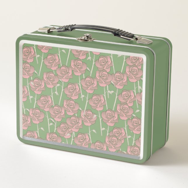 Green Pink Rose Retro Y2K 70er Blume Muster Metall Brotdose (Vorderseite)